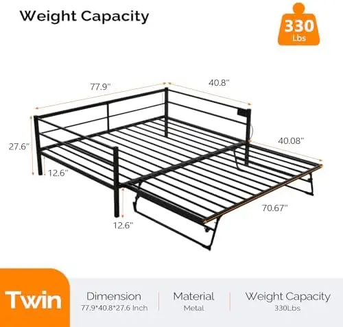 Daybed with Trundle Bed Twin, Charging Station and LED Lights,Heavy Duty Metal Twin Daybed with Pop up Trundle for