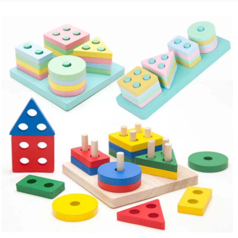 Montessori Toy Wooden Building Blocks Early Learning Educational Toys Color Shape Match Kids Puzzle Toys for Children Boys Girls