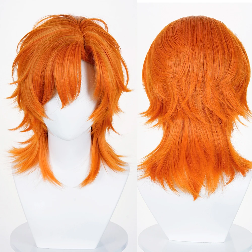 Orange Wolf Tail Mullet Head Synthetic Wigs Middle Part Short Straight Anime Game Cosplay Fluffy Wig for Daily Party