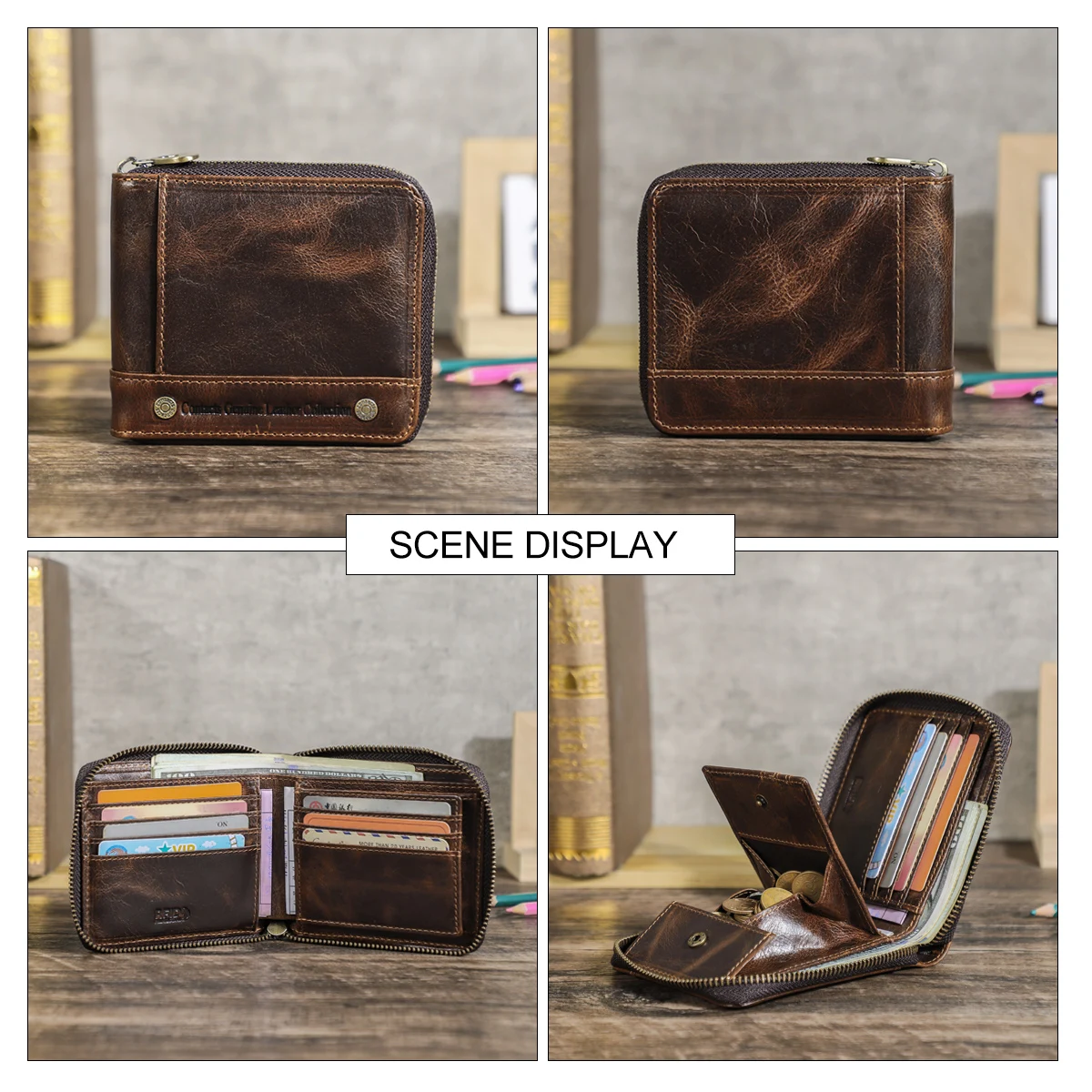CONTACT'S Genuine Leather Short Wallets for Men Luxury Designer Zipper Card Holder Coin Purse Money Clip Male Pocket Mini Wallet