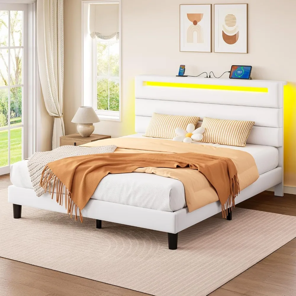 

Queen Size Bed Frame, Storage Headboard with Charging Station and LED Lights, Upholstered Bed with Heavy Duty Wood Sla