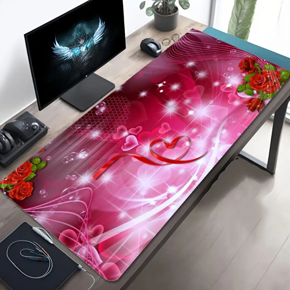 XXL Romantic Red Rose Heart Pattern Deskmat Non‑Slip Rubber Game Mouse Pad Pc Laptop Keyboard Mousepads Big Gaming Desk Mats