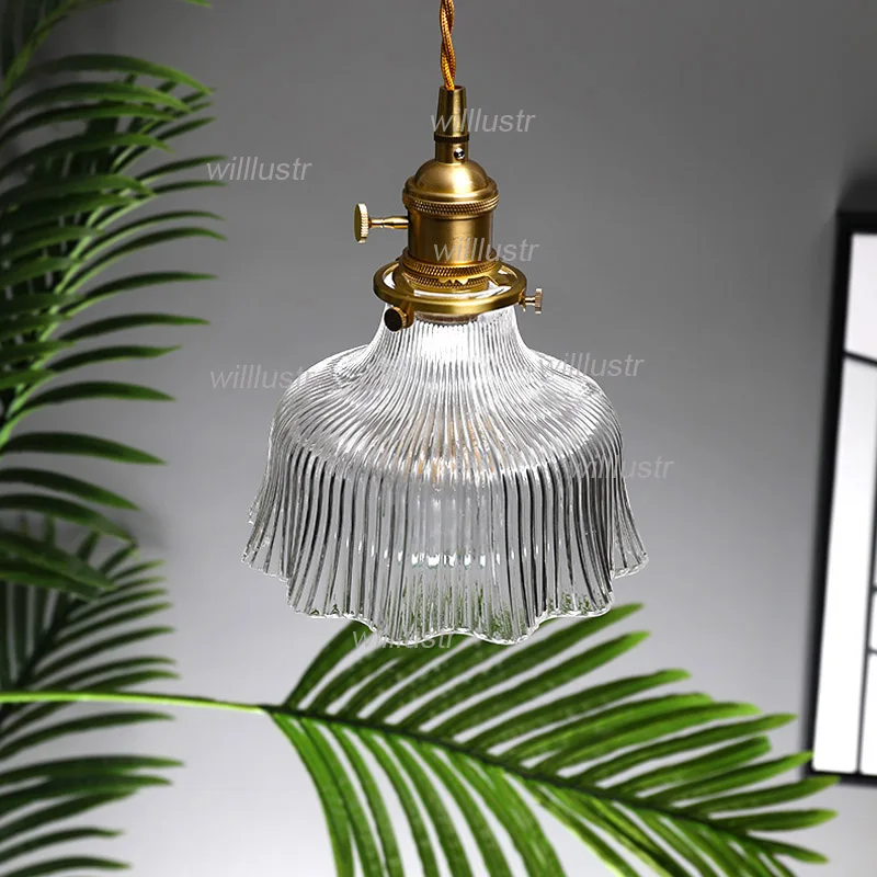 Ribbed Clear Glass Pendant Lamp Ruffled Skirt Suspension Lighting Hall Hotel Cafe Living Room Brass Hanging Ceiling Chandelier