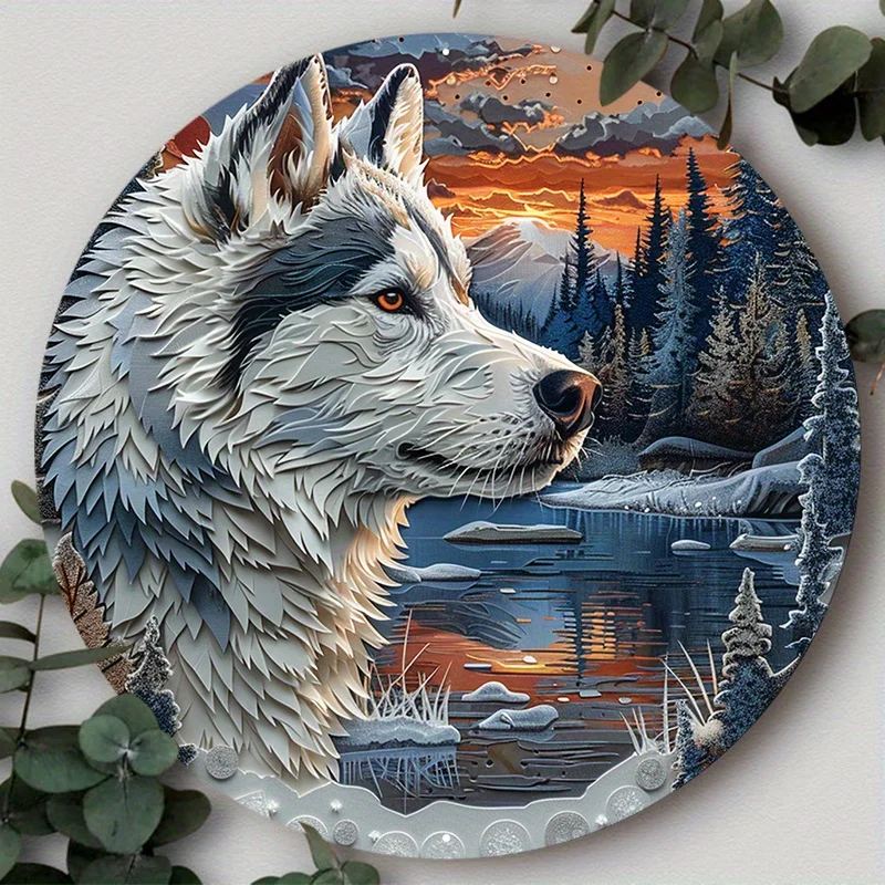 Round Aluminum Metal Sign, 2D Flat Dog Pattern Wreath Sign for Door, Home Decor, Wall Art Decor, Suitable for Various Scenarios