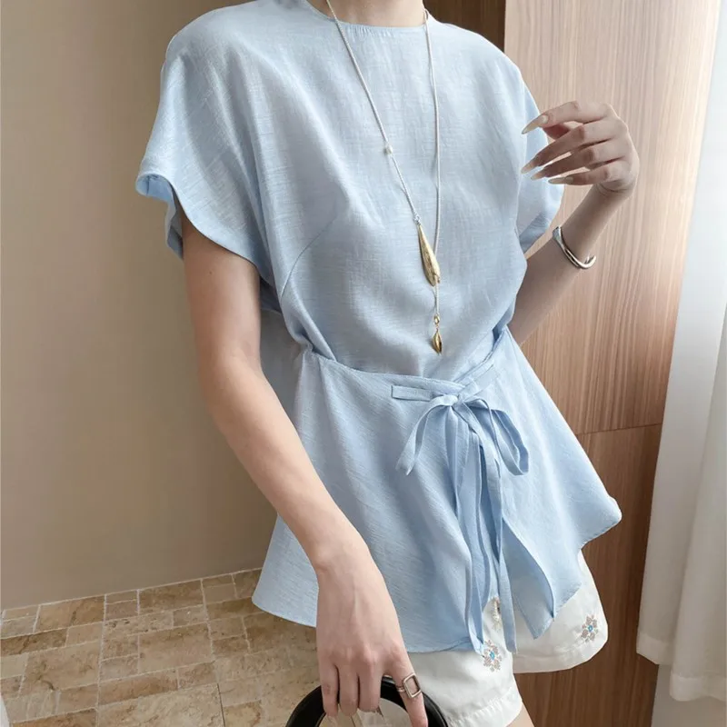 

2025 Summer Women's Shirt Tops Casual Solid Color Round Neck Short Sleeved Lace Up Waist Loose Casual Blouse Shirt