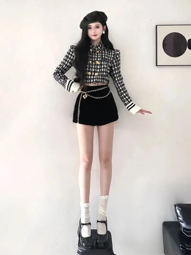 Fragrance Stand Collar Jacket Shorts Two-piece Set Women Temperament Korean Checkered Double Breasted Chain High-end Slim Suit