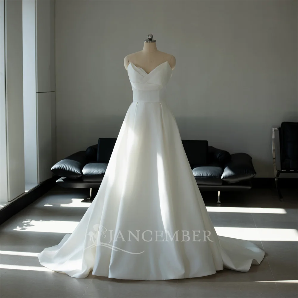 White Satin A-line Bridal Gowns For Women Court Train Wedding Gown Strapless Beach Floor Length Customize To Measure Stunning