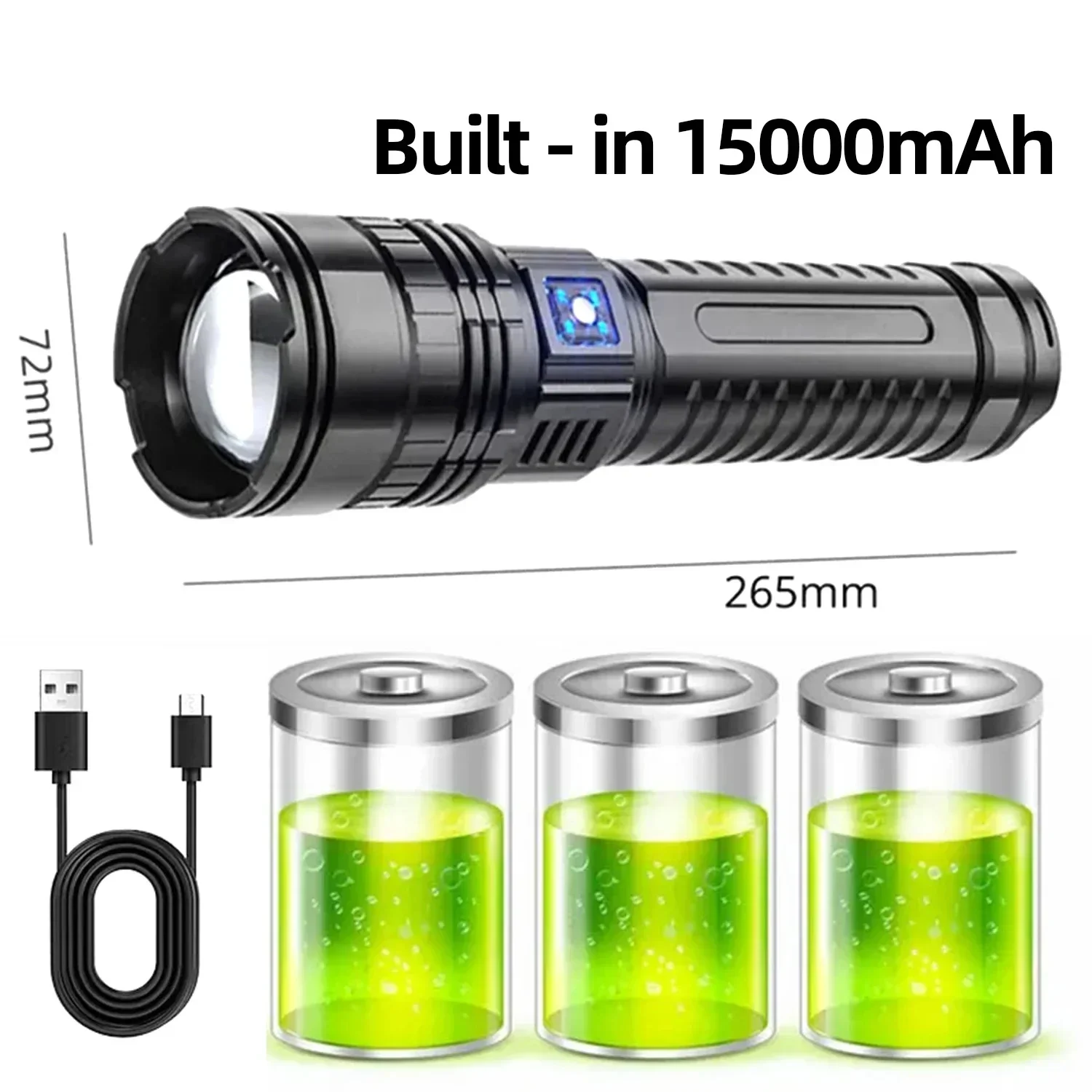 Ultrahelle Taschenlampe, eingebauter Akku, Blitzlicht, Notfallstrahler, 5 km, 1500 W, leistungsstärkste LED-Taschenlampen, taktisch