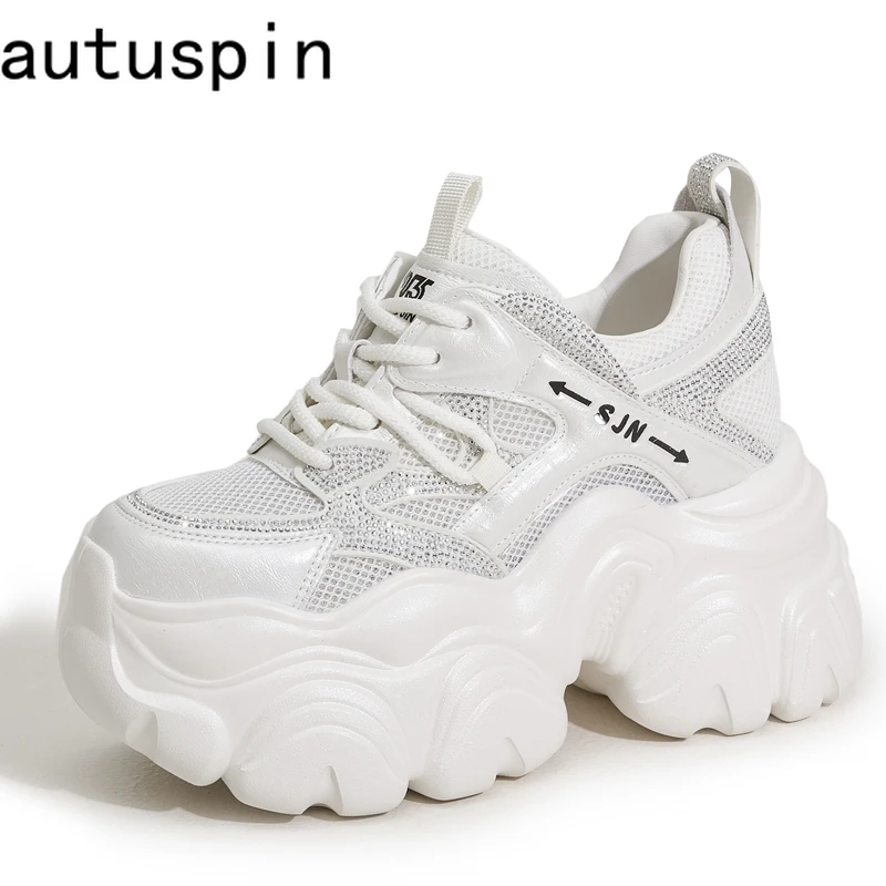 

AUTUSPIN 10cm Wedge Platform Shoes for Women Summer Mesh Microfiber Leather Casual Chunky Sneakers Outdoor Fashion Crystal Shoe