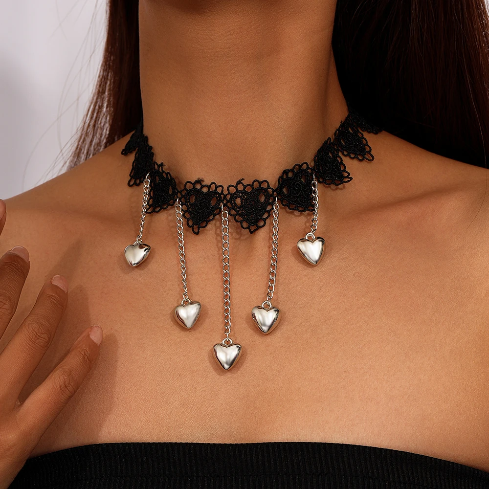 Aihua Gotische Viktorianische Schwarze Spitzenkette für Frauen Lange Quasten-Herz Sexy Spitzen-Choker Halskette Steampunk Kragen-Schmuck – Detail 5