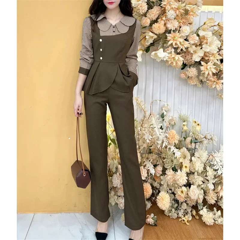 2024 Spring and Autumn New Fashion Ladies Set Retro Slim and Age-reducing Stripe Spliced Top Straight Pants Two-piece Suit Woman