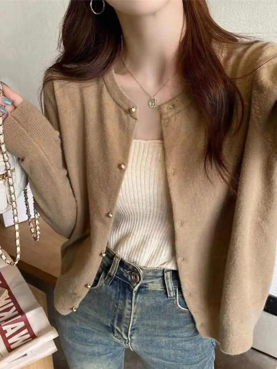 ニットセーター女性カーディガンファッション長袖 O ネック黒ニットセーターカーディガン女性トップスセーターセーターデ Mujer Q825