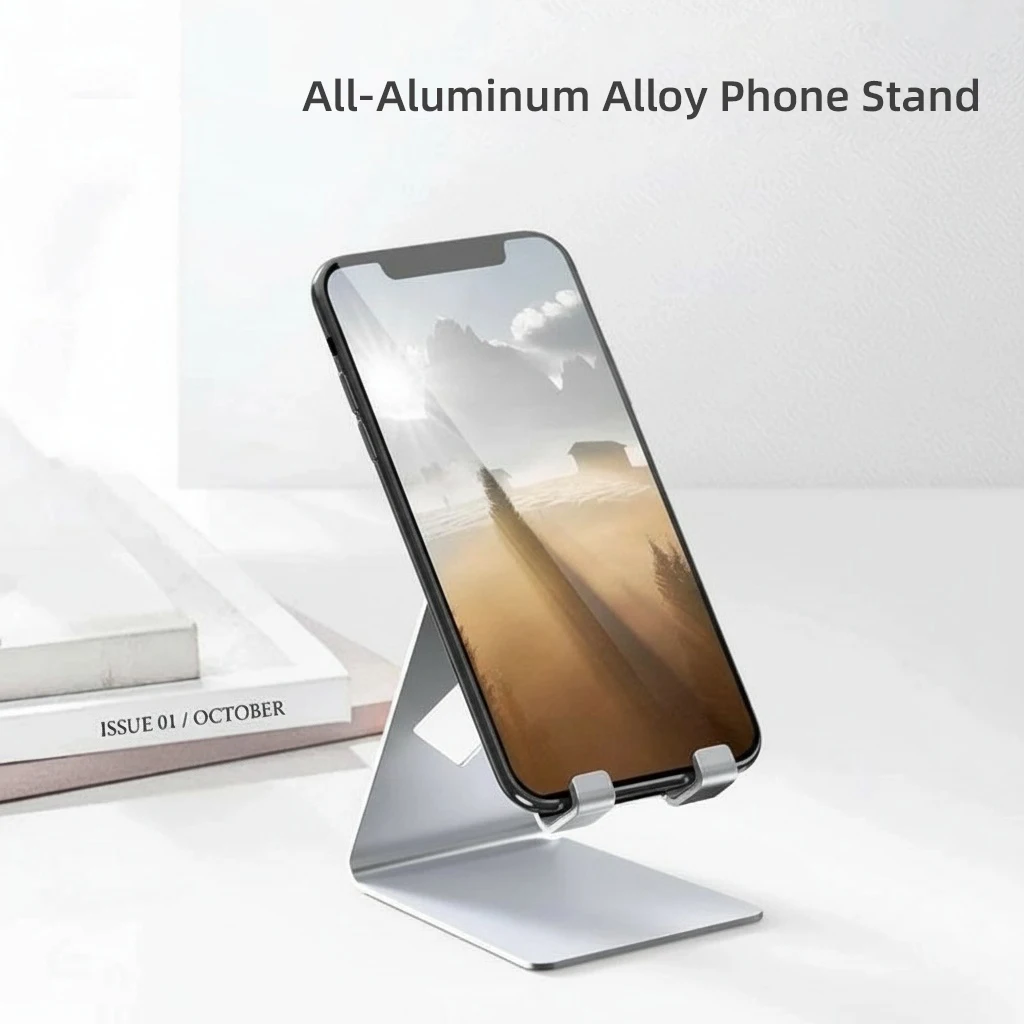 

Phone Stand, Aluminum Alloy Desktop Phone Stand, featuring a non-slip base and convenient charging port, compatible with all sma