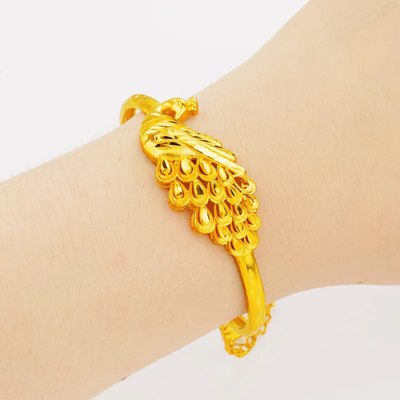 

Ethnic Retro Peacock Open Bangle for Women (24K AU999) - Hollow Peacock Ends, Matte Gold Leaves, Yi Tribe Totem