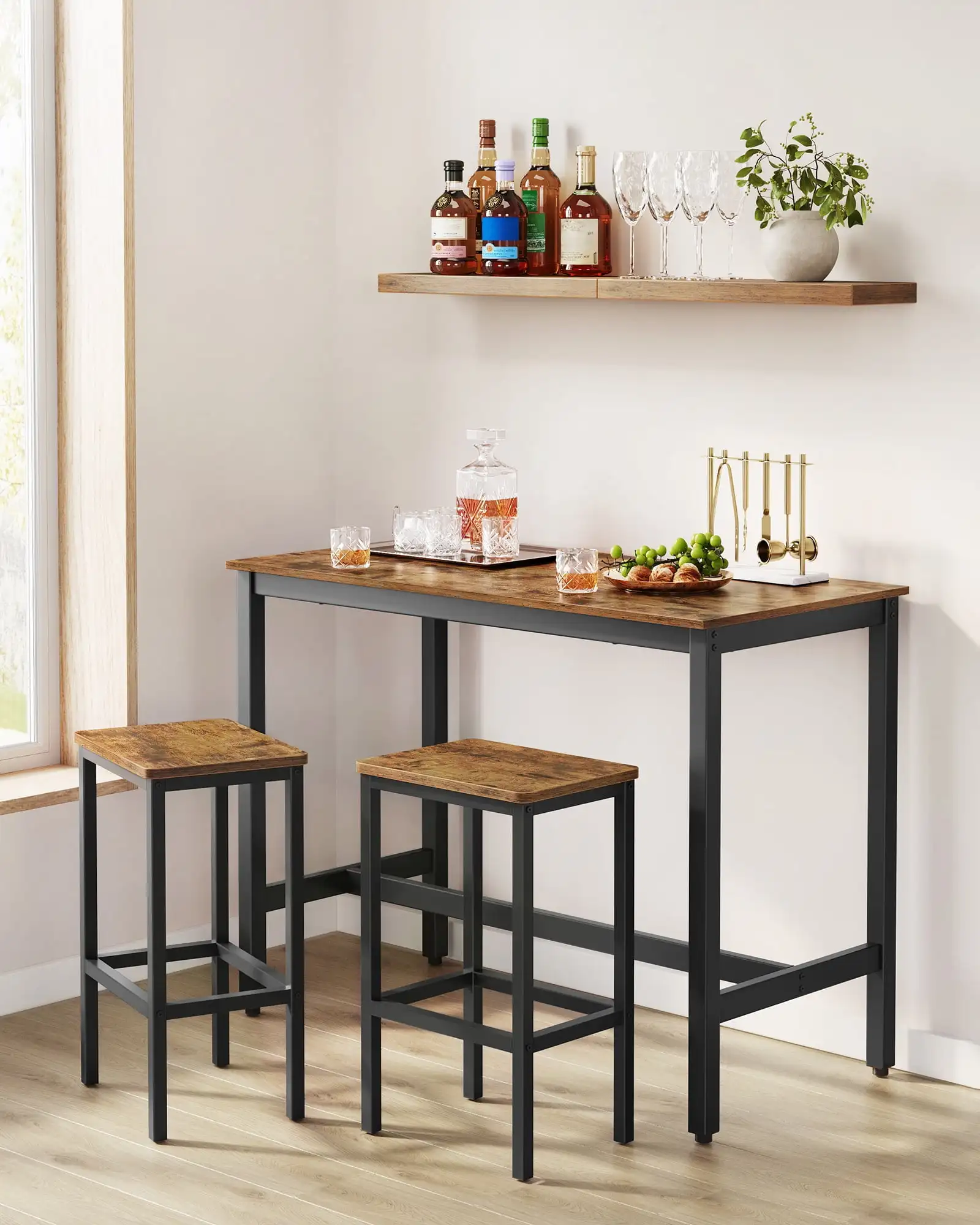 3 Piece Bar Table Set, Wood Pub Table with 2 Bar Stools, Counter Height Dining Table Sets