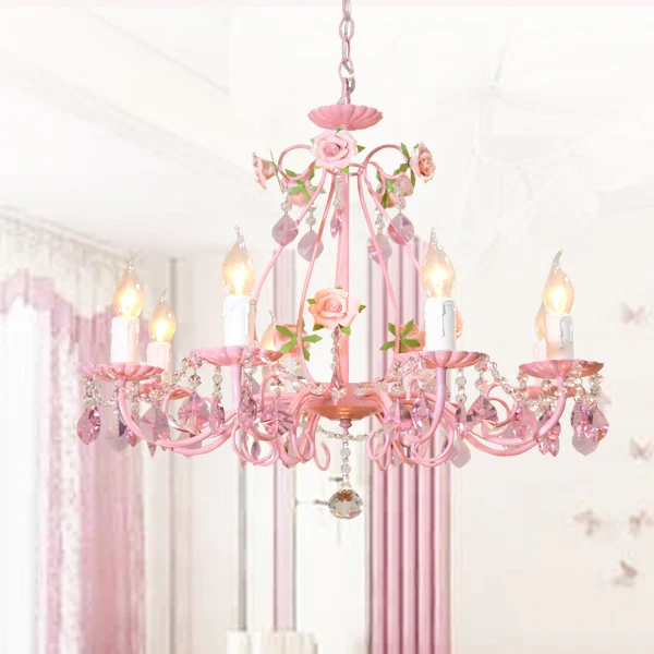 Floral Chandelier Lamp Pink Color Pink Ceramic Roses D66cm H52cm 8arms Light Fixture E14 LED Home Decoration Chandelier