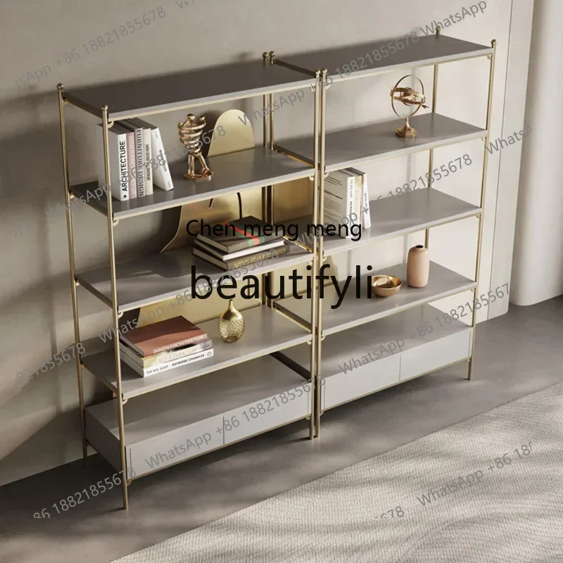 

2003Light luxury bookshelf stainless steel multi-layer display shelf metal Nordic floor bookcase living room