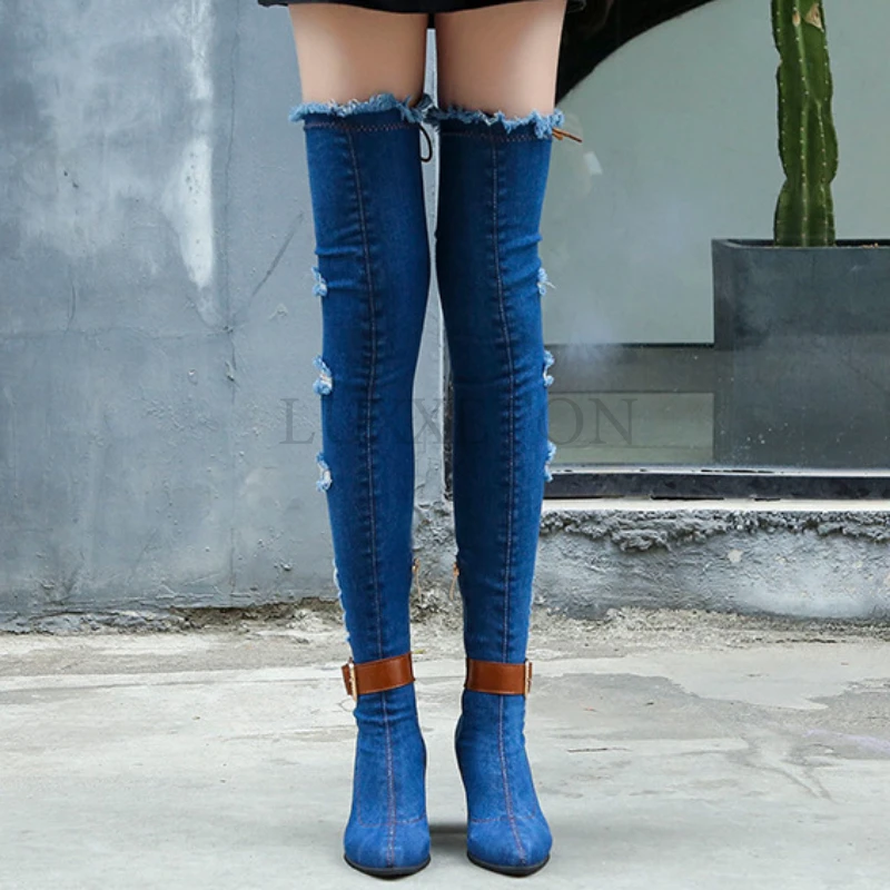 Women Denim Over The Knee High Boots Stretch High Heel Female Shoes Ladies WoMen Pointed Toe Fashion Nice Autumn New