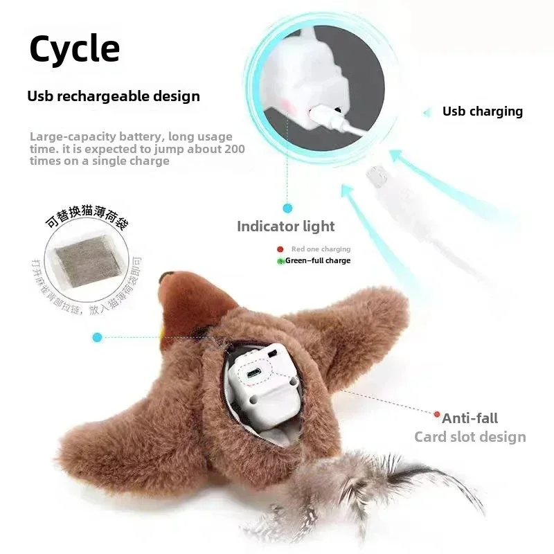 Jouets interactifs pour chat chaud, herbe-aux-chats électrique Pat Bird (avec herbe-aux-chats), jouet en peluche grinçant à commande tactile, Rechargeable par USB pour animaux de compagnie