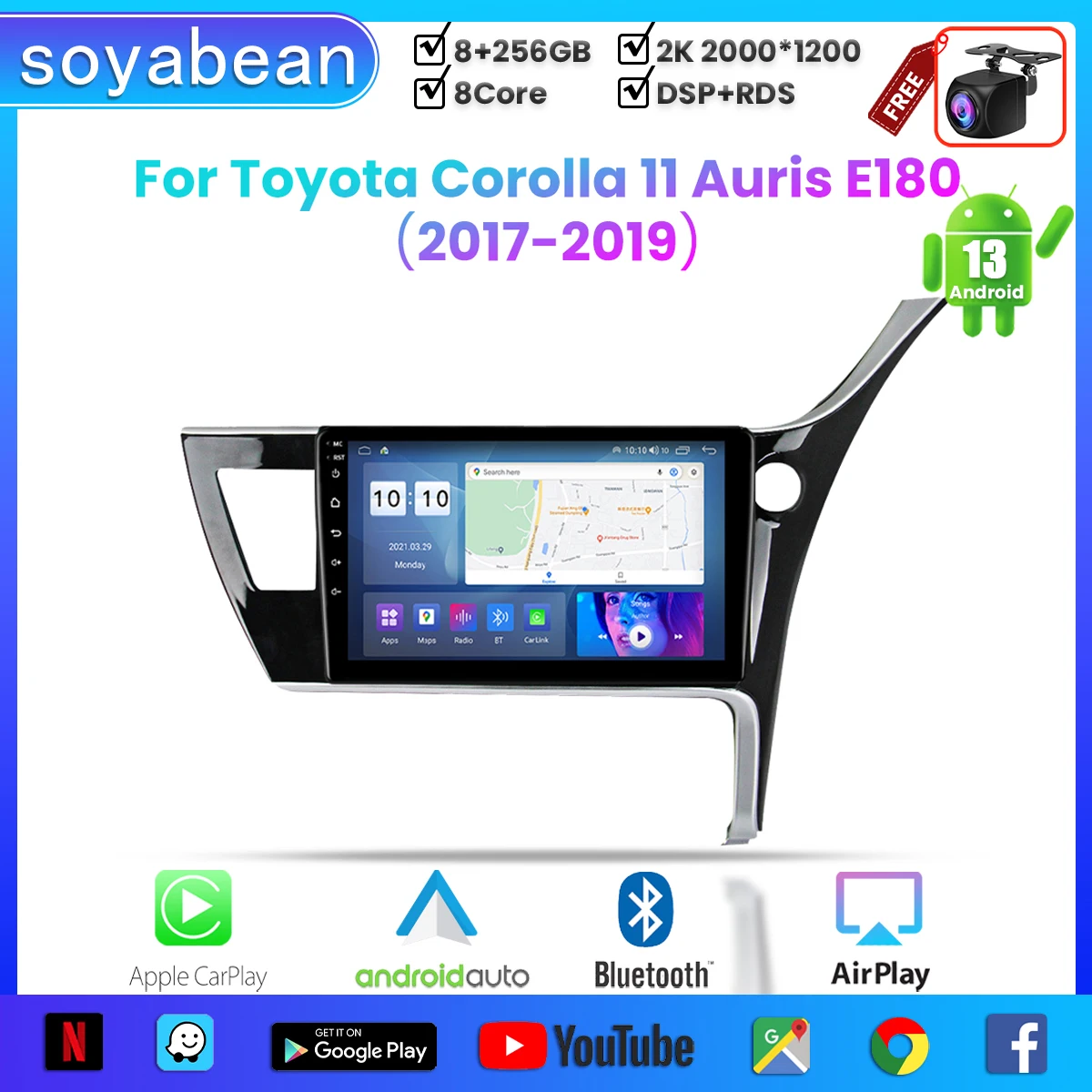 

Автомобильный радиоприемник Android 13 для Toyota Corolla 11 Auris E180 2017-2019,10 дюймов мультимедийный плеер с 4G WiFi Автомобильный плеер и 2Din GPS