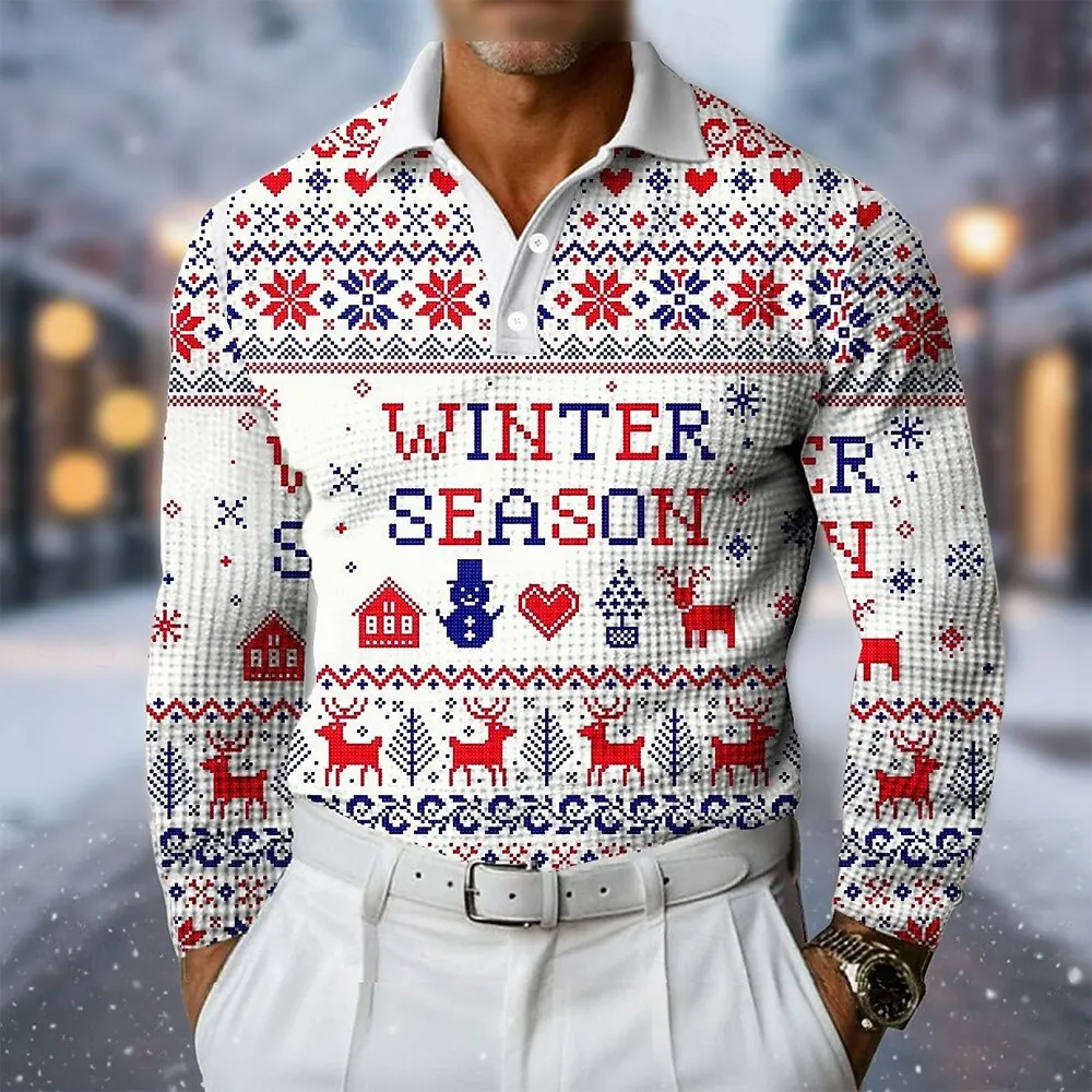 

Fashion Winter Season Polo Shirt For Men 3D Print Simple Letter Graphic Long Sleeve Lapel Tops Loose Casual Comfortable Pullover