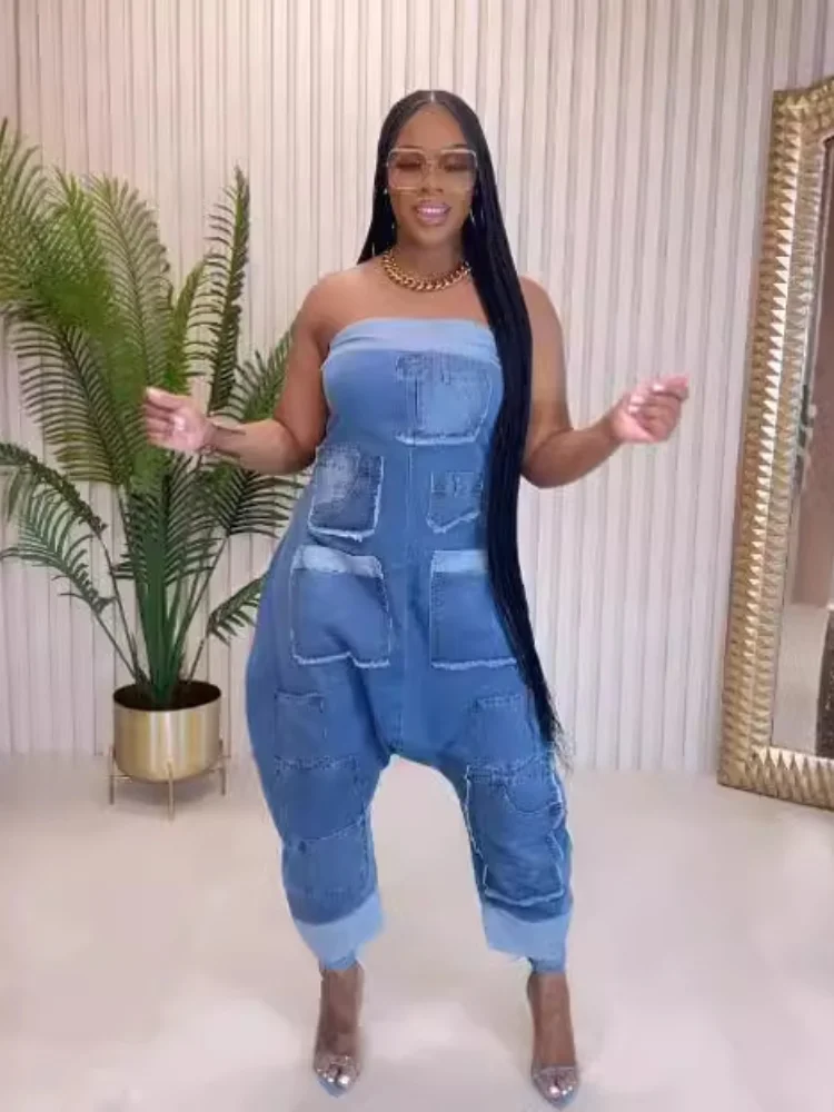 Jumpsuits Women Long Pants One Piece Denim Suspenders Overalls Loose Casual Cargo Pant Sleeveless Backless Rompers Summer