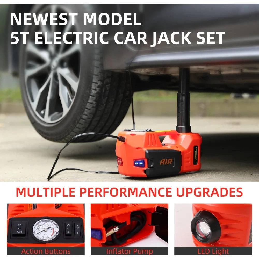طقم جاك سيارة هيدروليكي كهربائي 5 طن 12 فولت محمول مع نطاق رفع 17.7 بوصة ومضخة نفخ الإطارات للمركبات المختلفة