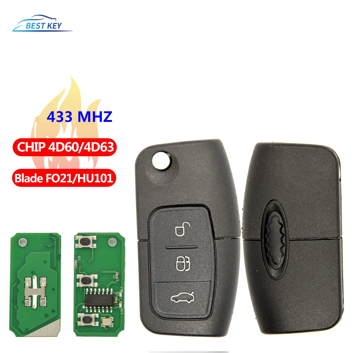 

BEST KEY 433MHz 4D63 4D60 Flip Folding Car Remote Key for Ford Fusion Focus Mondeo Fiesta Galaxy HU101 FO21 Blade Vehicle Keys