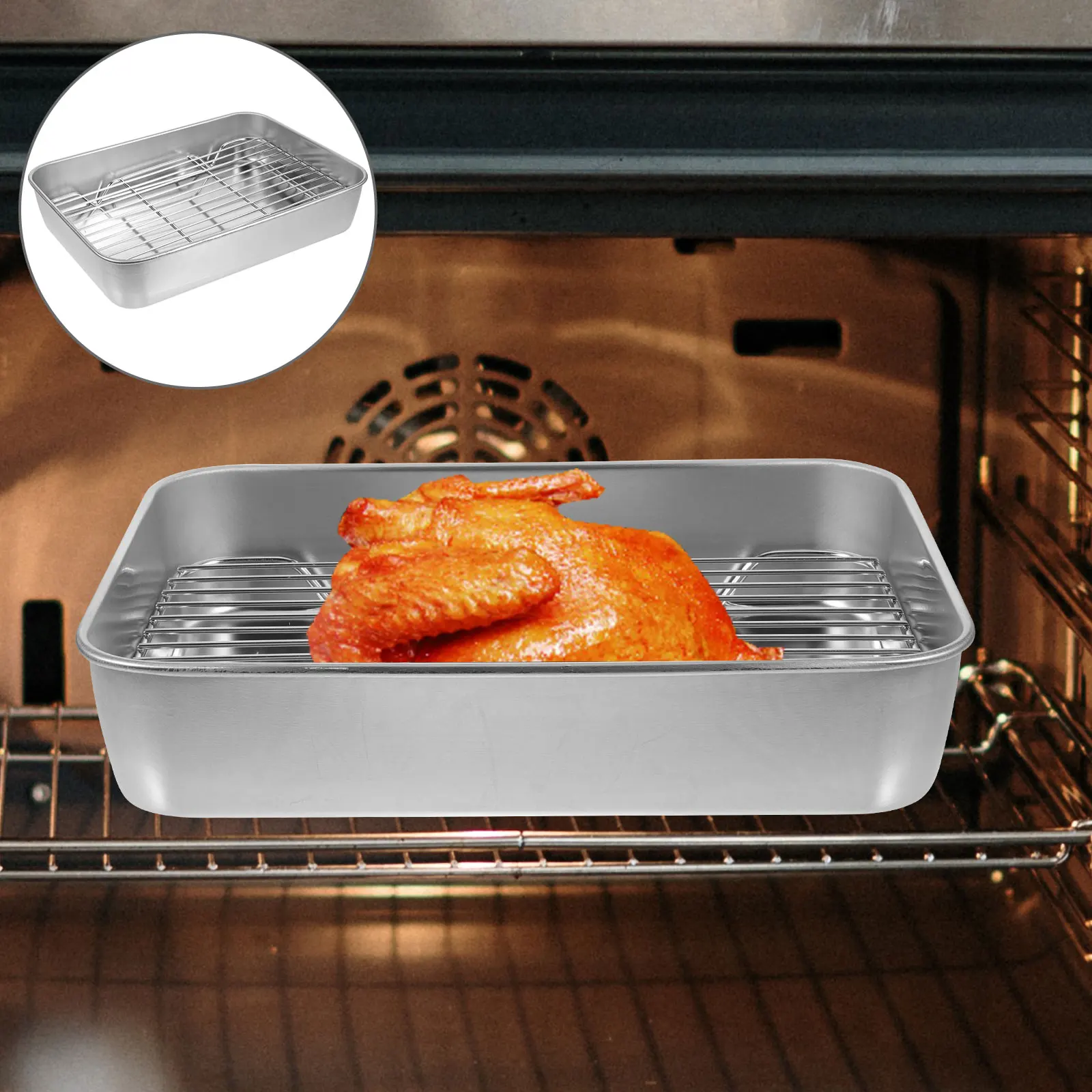 

Stainless Steel Tray Roasting Pan Food Grade Rust Proof Corrosion Resistant Easy Clean Baking Tray With Wire Rack Portable BBQ