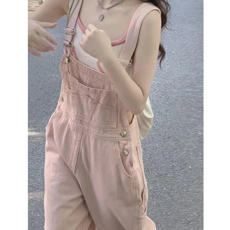 Damen Rosa Weiche Denim-Latzhose mit Verstellbaren Trägern Weites Bein Jumpsuit Lässige Lockere Latzhose