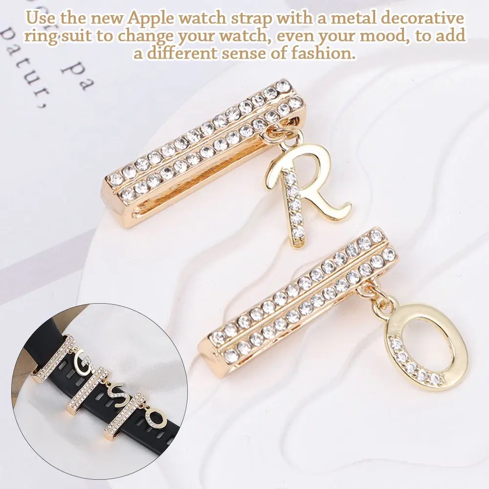 26 Letters Metal Diamond Watch Band Decorative Ring Smart Watch Silicone Strap Accessories for Apple Smart Watch Charms Band