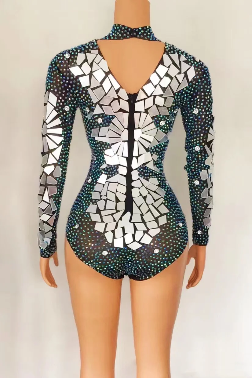 Costume de brevTansparent avec Strass et Miroirs pour Femme, Justaucorps en Maille Sexy, Tenue de Chanteur et de Batterie, Vêtement de Scène