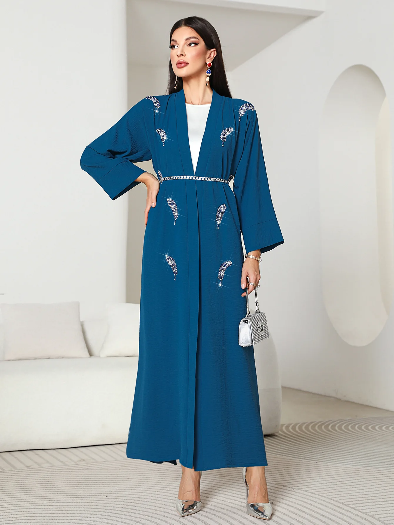 Hand Sew Feather Rhinestone Kimono Abaya for Women Corban Eid Al Adha 2023 New Arab Moroccan Dubai Belted Cardigan Robe