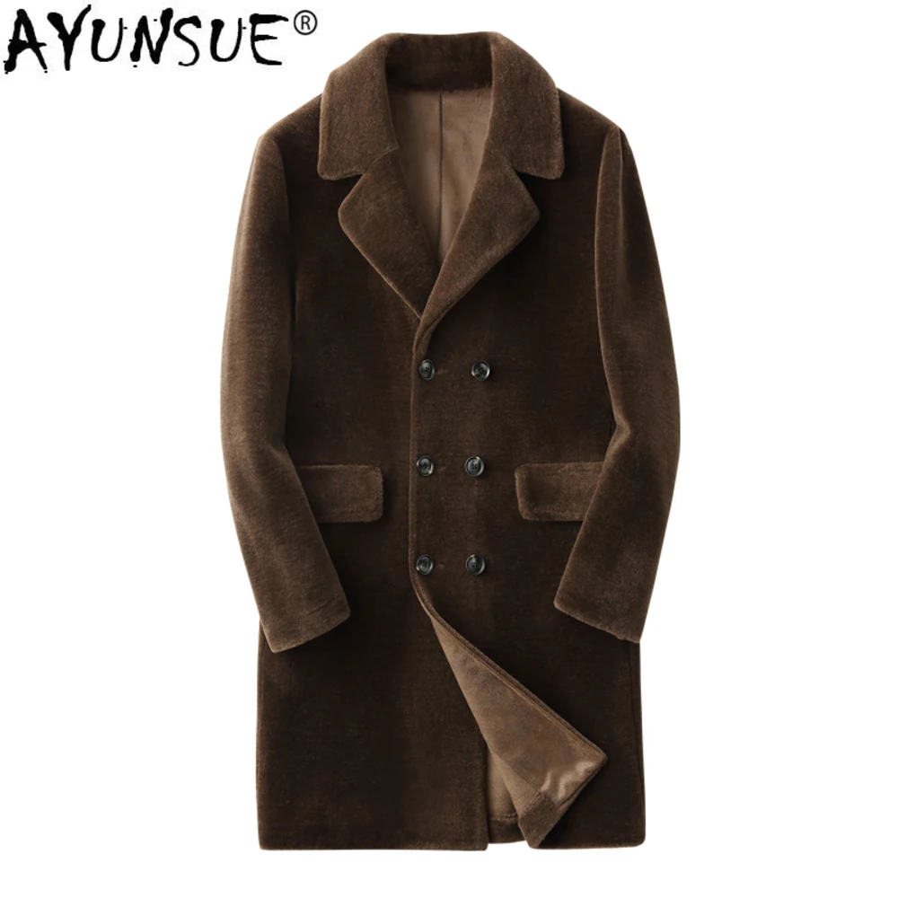 

Men's AYUNSUE Real Coat Autumn Winter Jacket Men Long Sheep Shearing 100% Wool Fur Coats Plus Size 5xl KFS19M204-J KJ3796