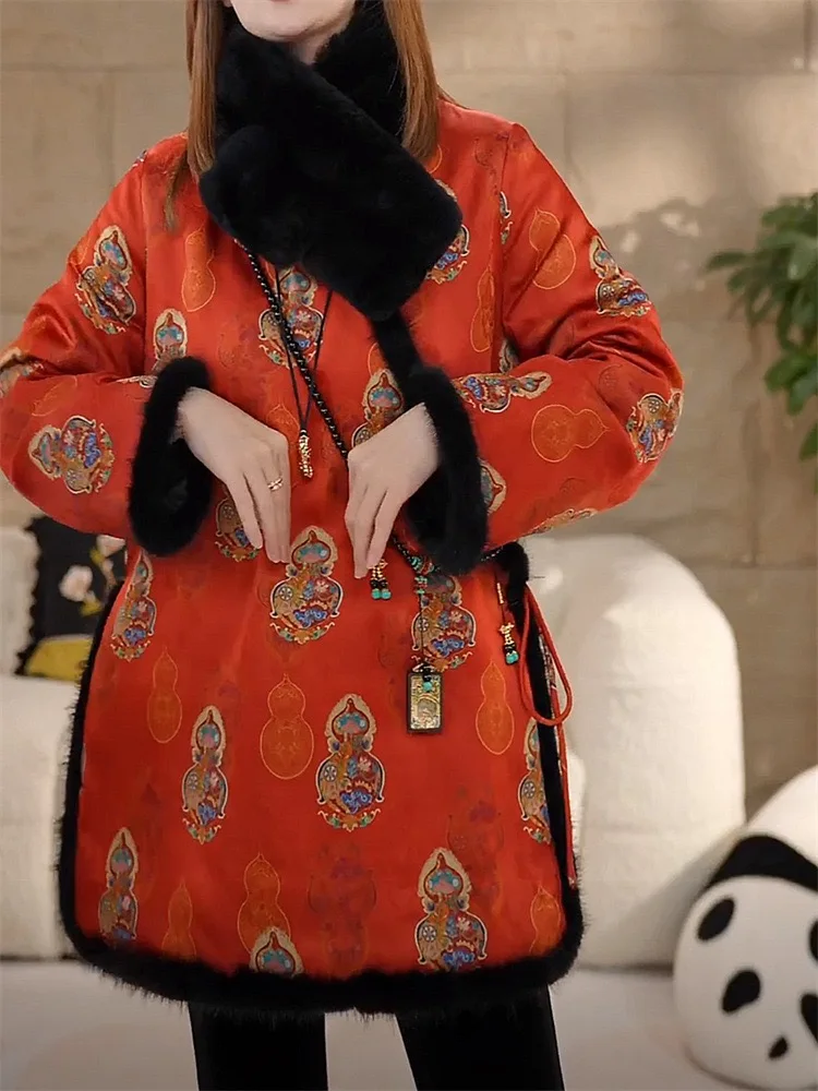 

Party Luxury Boutique Cheong-sam Style Red Long Padding Coat