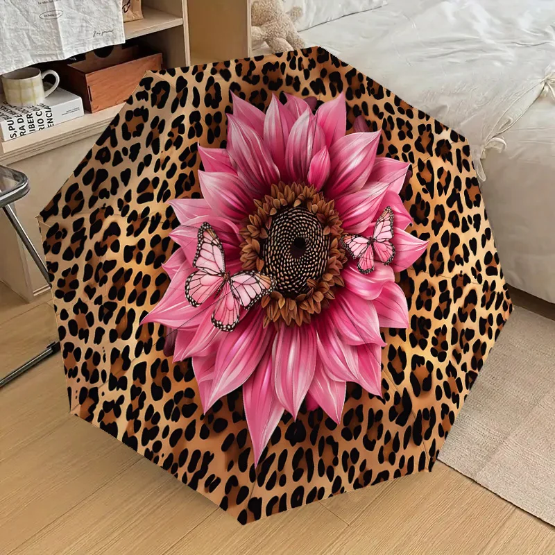 

1pc Leopard Print Sunflower Automatic Open/Close Umbrella - Lightweight Portable Travel Umbrella with 8-Rib Sturdy Frame, Comp