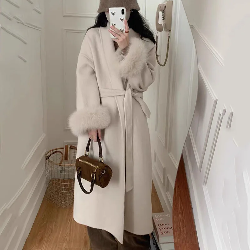 

Autumn Winter New Double-Sided Cashmere High Quality Women's Woolen Coat 2025 Fashionable Fox Fur Sleeve Women Woolen Coat H700