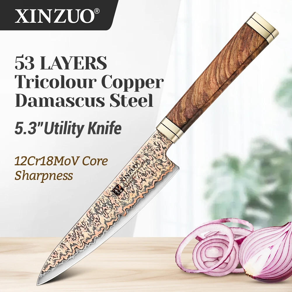 XINZUO 5.3‘’ Utility Knife 53-Layer Tricolor Copper Damascus Knife 15° Sharp Angle Cut Fruit/Meat With Acacia Wood Gift Box