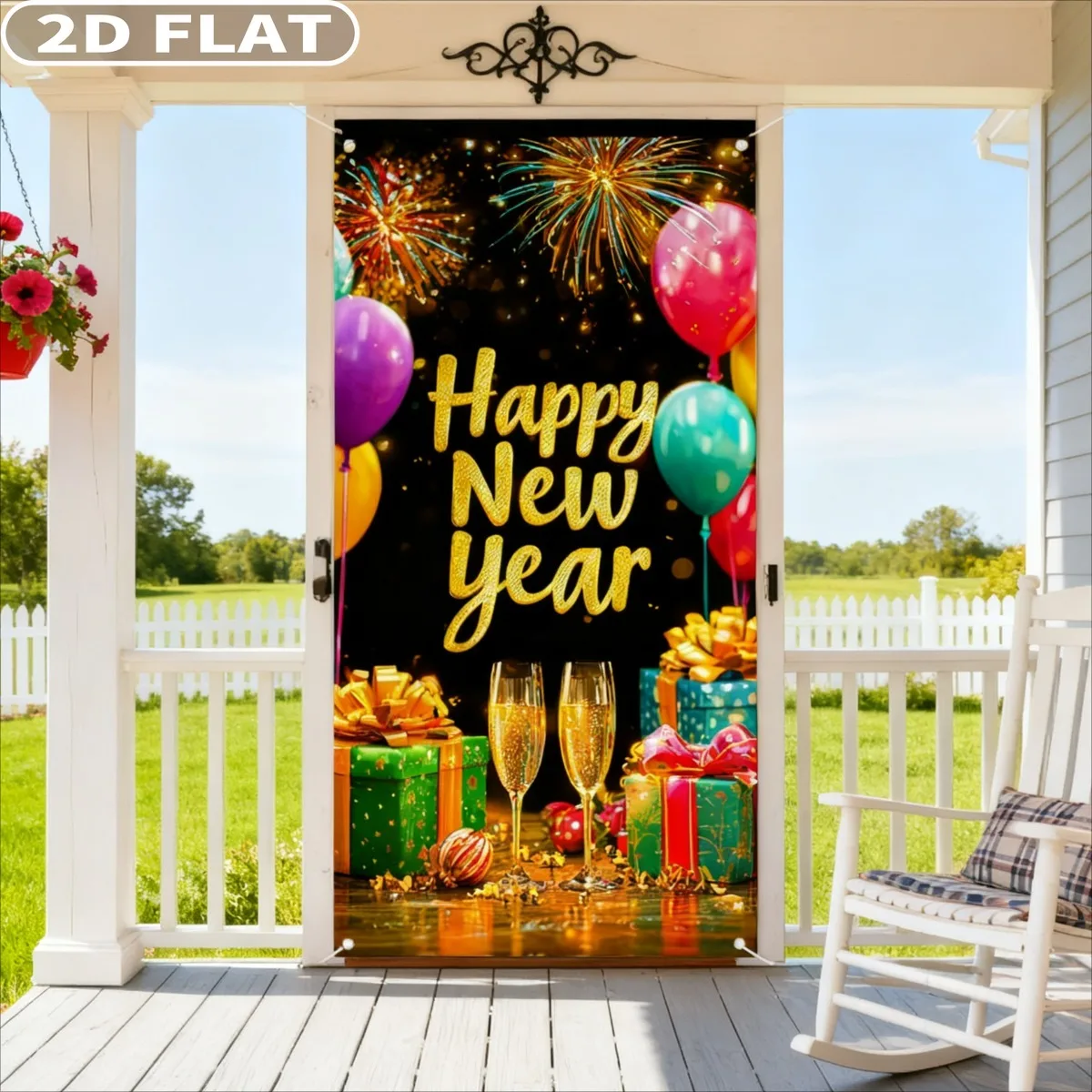

1pc Happy New Year Door Cover Banner - Eve Decor Blue Snowflakes 2026 Hanging Backdrop Sign 35x71 Inch, Durable Polyester
