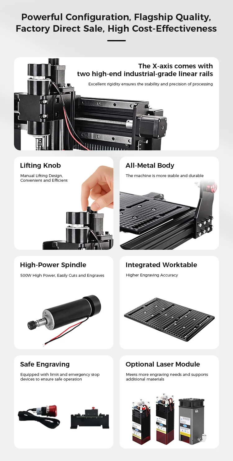 Hochpräziser 3020 Plus CNC-Holzfräser mit 500W-Spindel, GBRL-Steuerung, Linearführung, Gravur-, Fräs- und Schneidemaschine für Metall – Detail 5