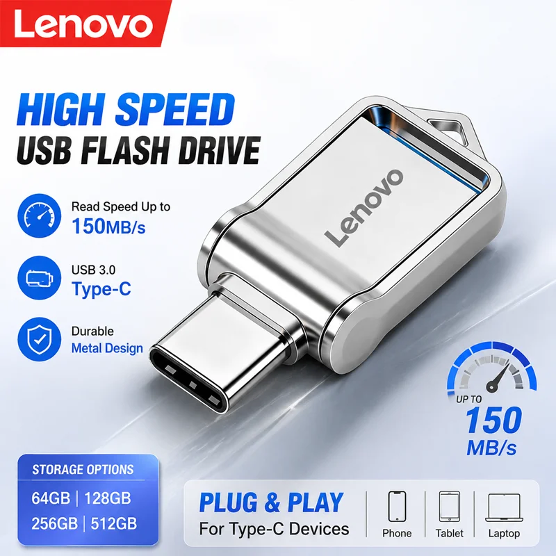 Lenovo Mini High-Speed OTG Metal 1TB USB 3.0 Dual Interface Flash Drive 512GB 256GB High Speed Thumb Drive for Android & Laptop