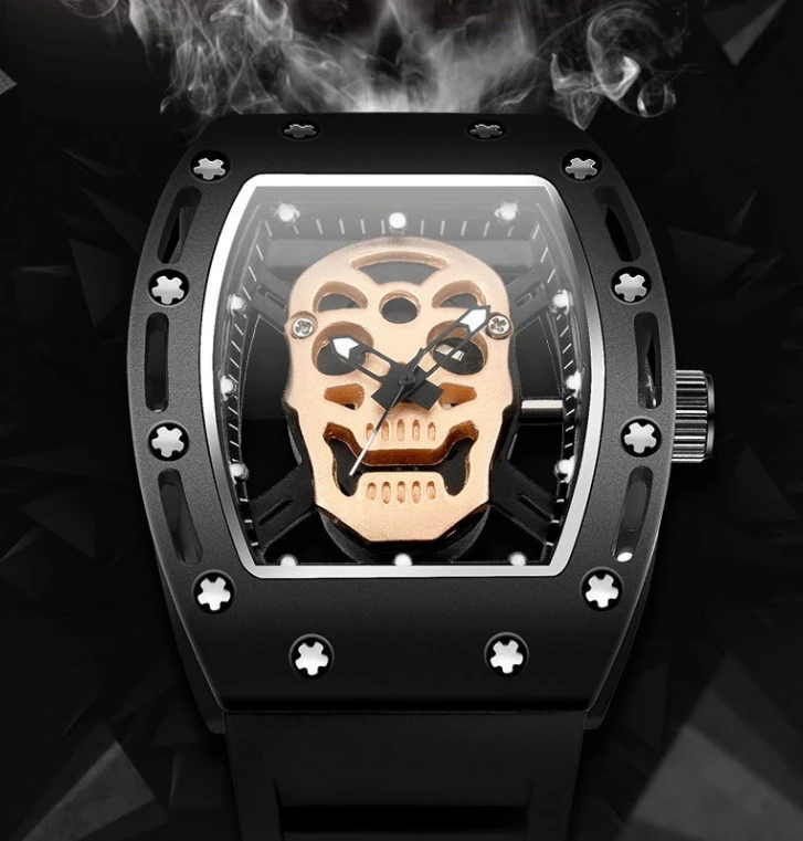 

Hot selling 2024 new men's fashion skeleton ghost head hollowed out men's watch, wine barrel watch, silicone quartz watch