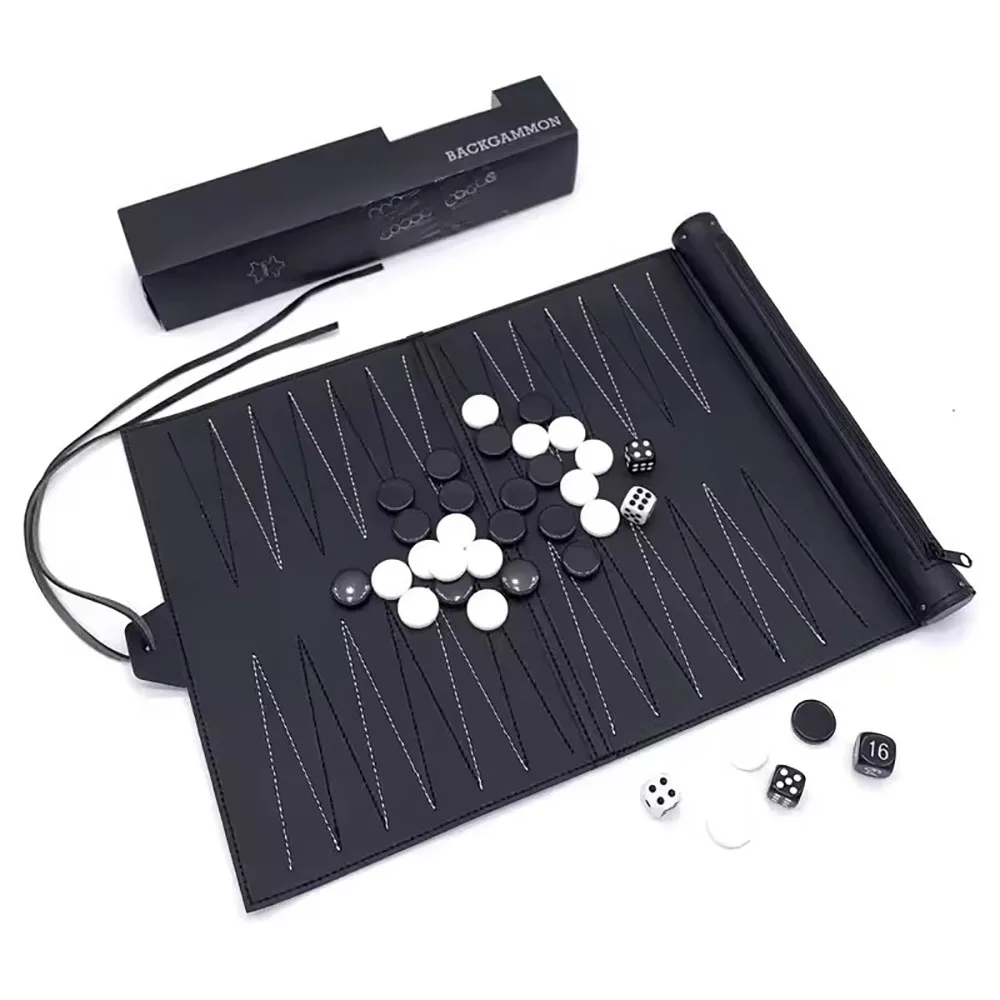 Portable Leather Backgammon Set Travel Board Game Roll-up PU Leather Chess Board with Dice and Checkers Pieces for Family Party