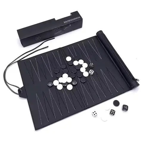 Portable Leather Backgammon Set Travel Board Game Roll-up PU Leather Chess Board with Dice and Checkers Pieces for Family Party