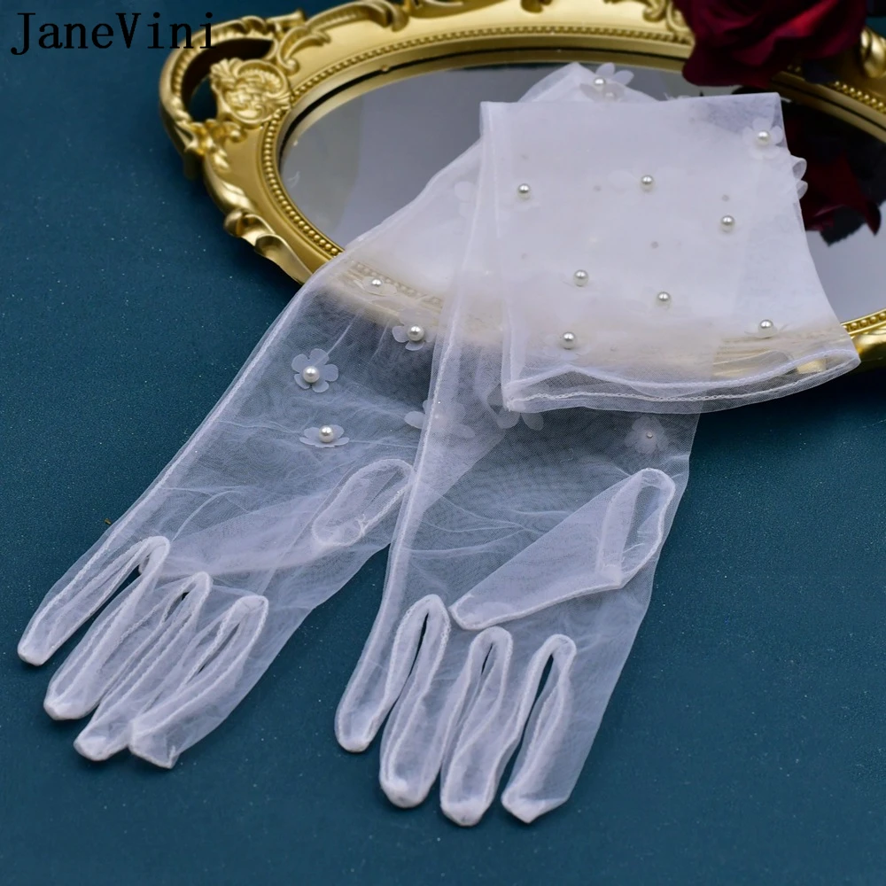 JaneVini White Sheer Tulle Bridal Gloves with Pearls Flowers Long See Through Women Wedding Party Bride Gloves Handschuhe Damen