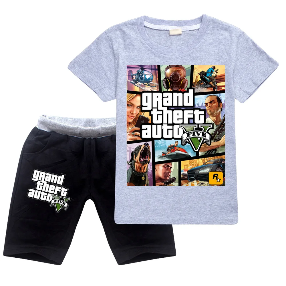 Boys Clothes Grand Theft Auto Game GTA 5 T Shirt+Shorts Set Kids Cartoon Girls Outfit Sport Suit Summer Children Clothing Sets