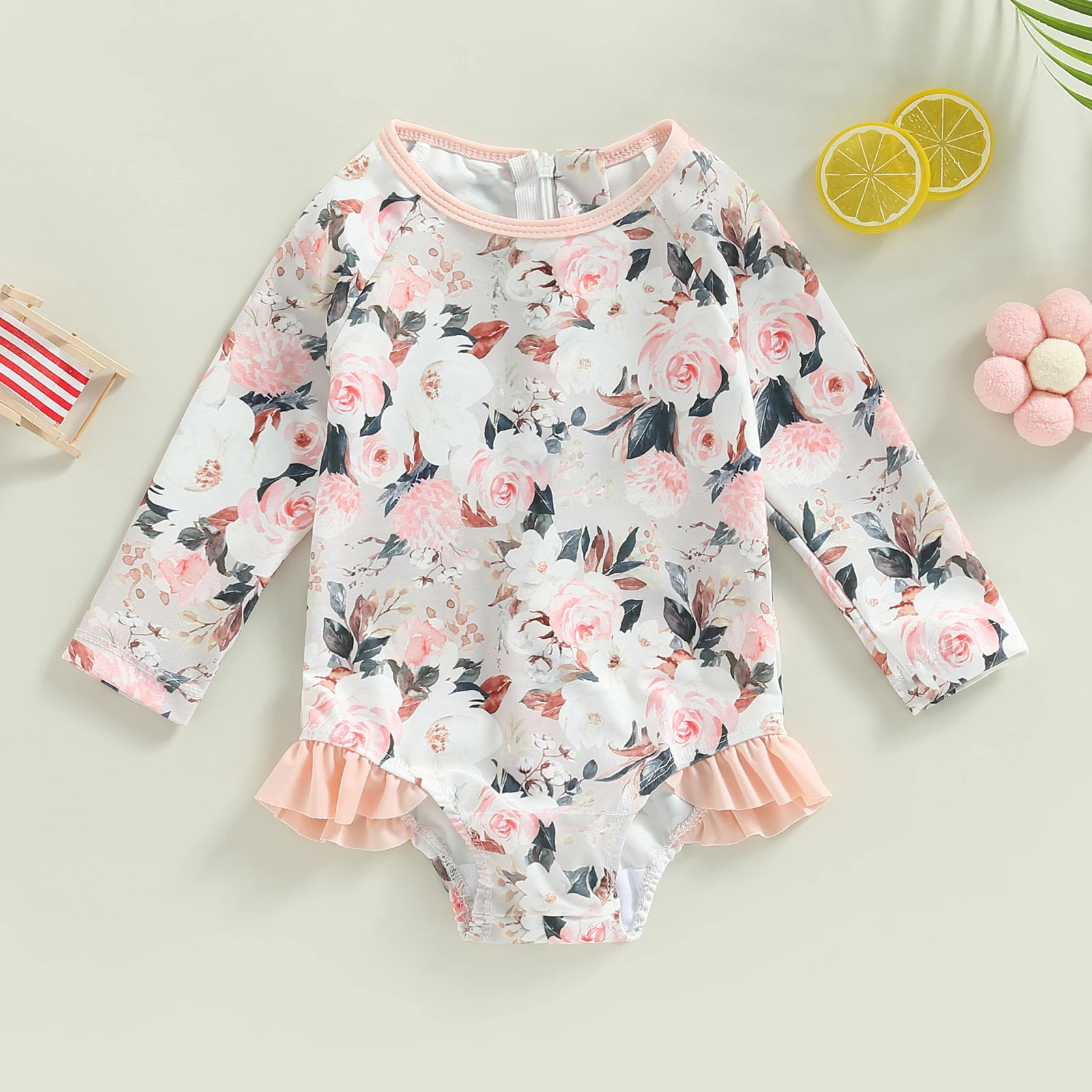 The Latest 1-5T Children\'S Baby Girl Swimwear Summer Floral Long-Sleeved Zipper Ruffled Round Neck Swimwear Beachwear Swimwear