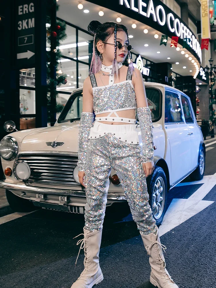 K-Pop Stages Kleidung Weiß Silber Pailletten Kleid Anzug Runway Performance Show Wear Y2K Mädchen Urban Street Dance Jazz Outfits