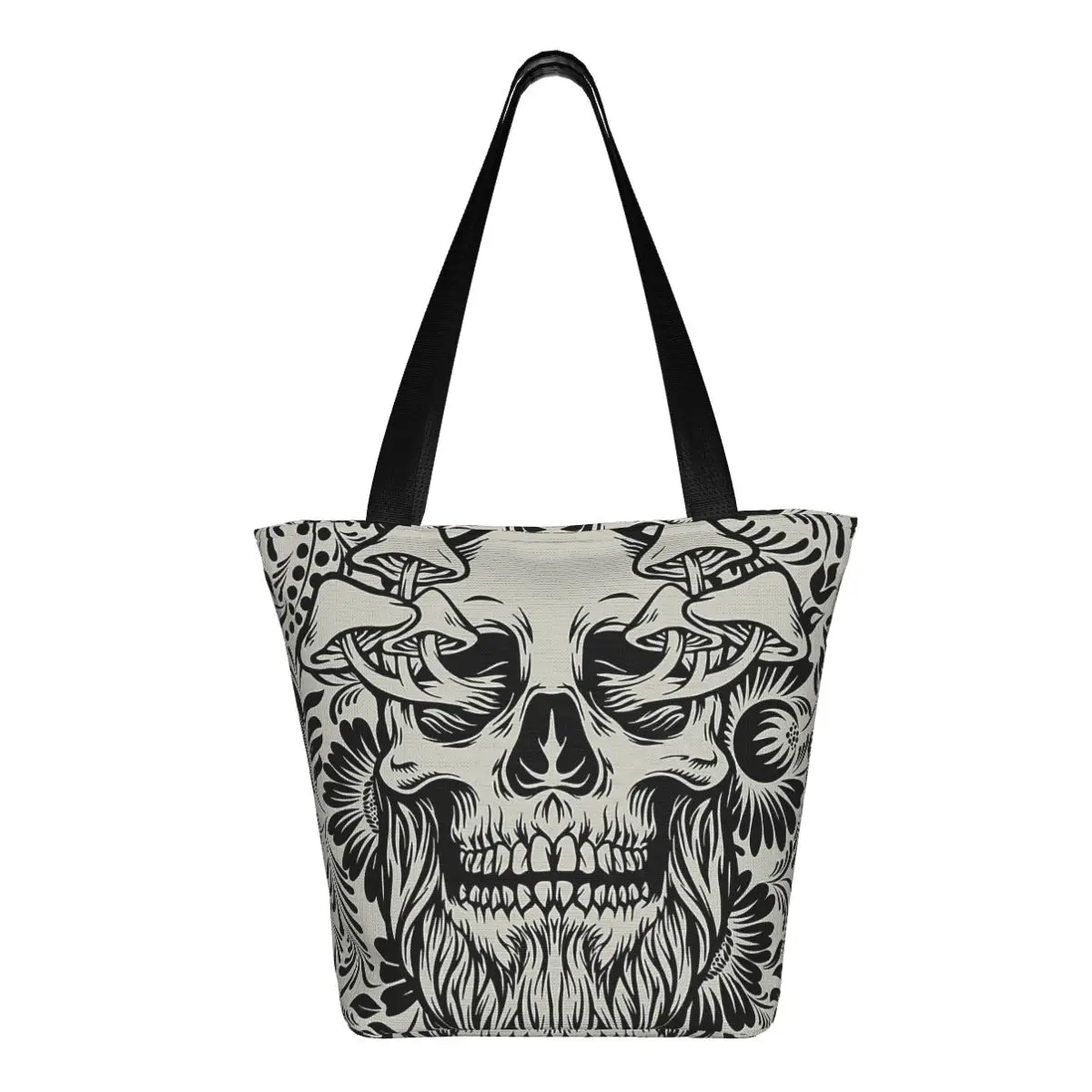 Skull Mushrooms  Gray & Black Goth Polyester outdoor girl handbag, woman shopping bag, shoulder bag, canvas bag, gift bag