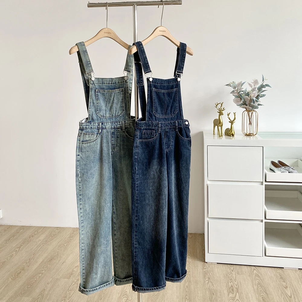 Damskie ogrodniczki jeansowe na jesień 2025, koreańskie, jednolite, vintage, proste kombinezony, codzienne, uniwersalne, do pracy, długie jeansy, streetwear